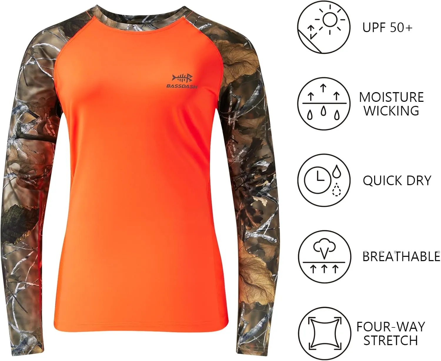 BASSDASH Women’s Camo Hunting Shirt Long Sleeve UPF 50  Sun Protection Performance Tee Fishing Hiking