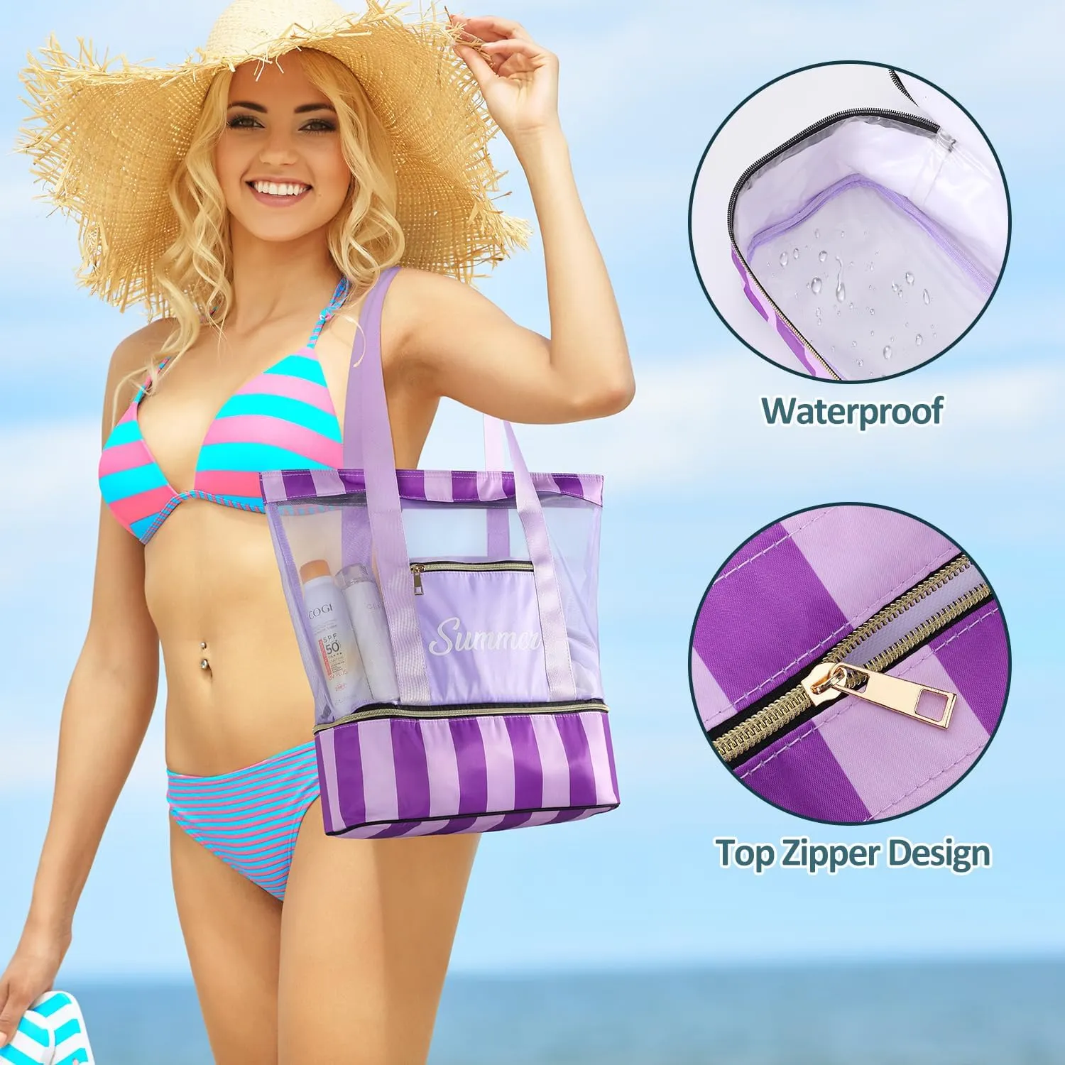 Beach Bags for Women - Dry/Wet Separation Mesh Large Beach Bag, Tote Bag for Women Swim Gym