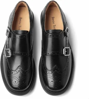 BEAU TODAY Loafers for Women, Monk Strap Brogue Leather Loafer Shoes for Women, Comfortable Square Toe Loafer Flats, Business Casual Vintage Dress Shoes