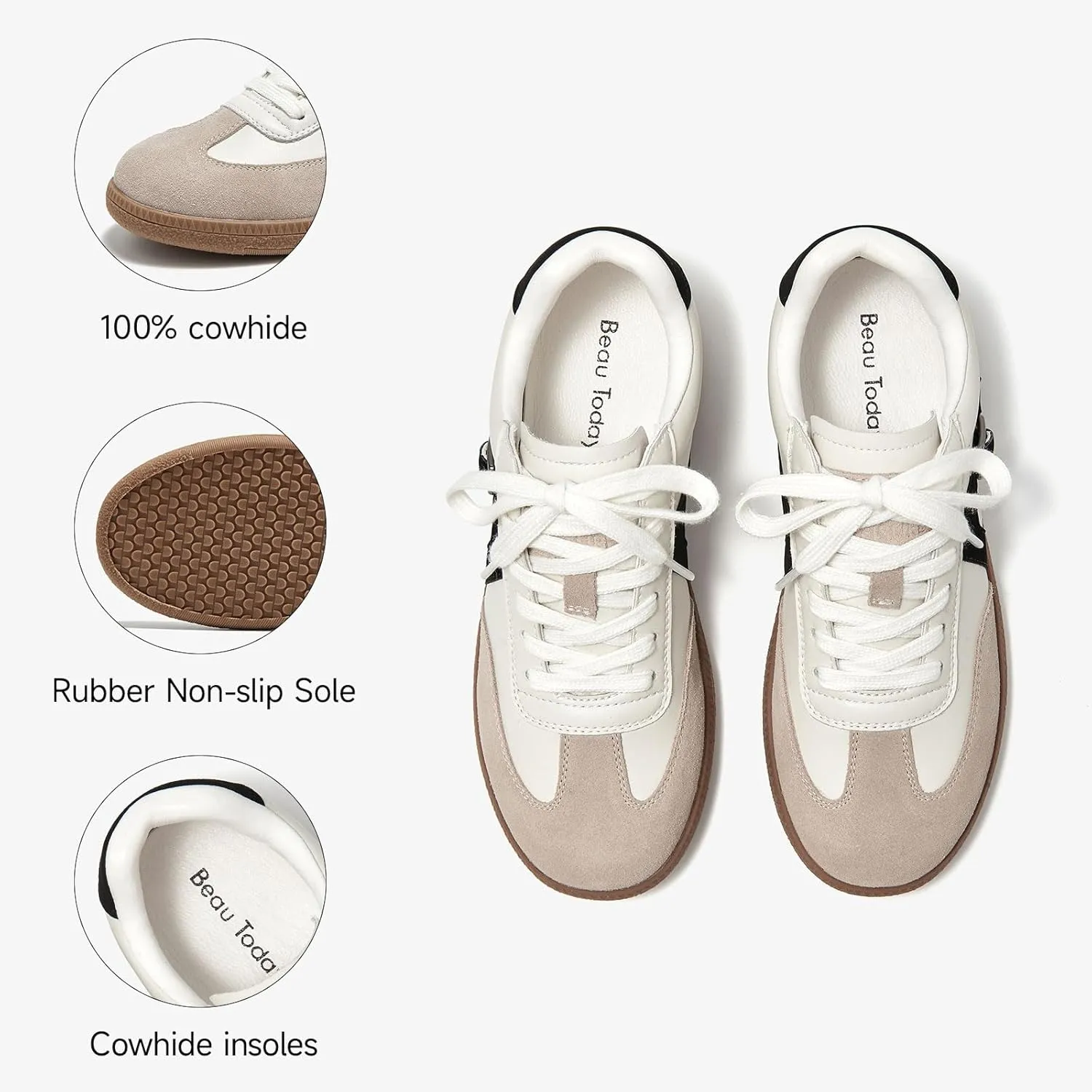 BEAU TODAY Women’s Flat Sneakers, Retro Comfortable Lace-up Fashion Sneakers for Women, Buckle Decoration Casual Leather Walking Shoes