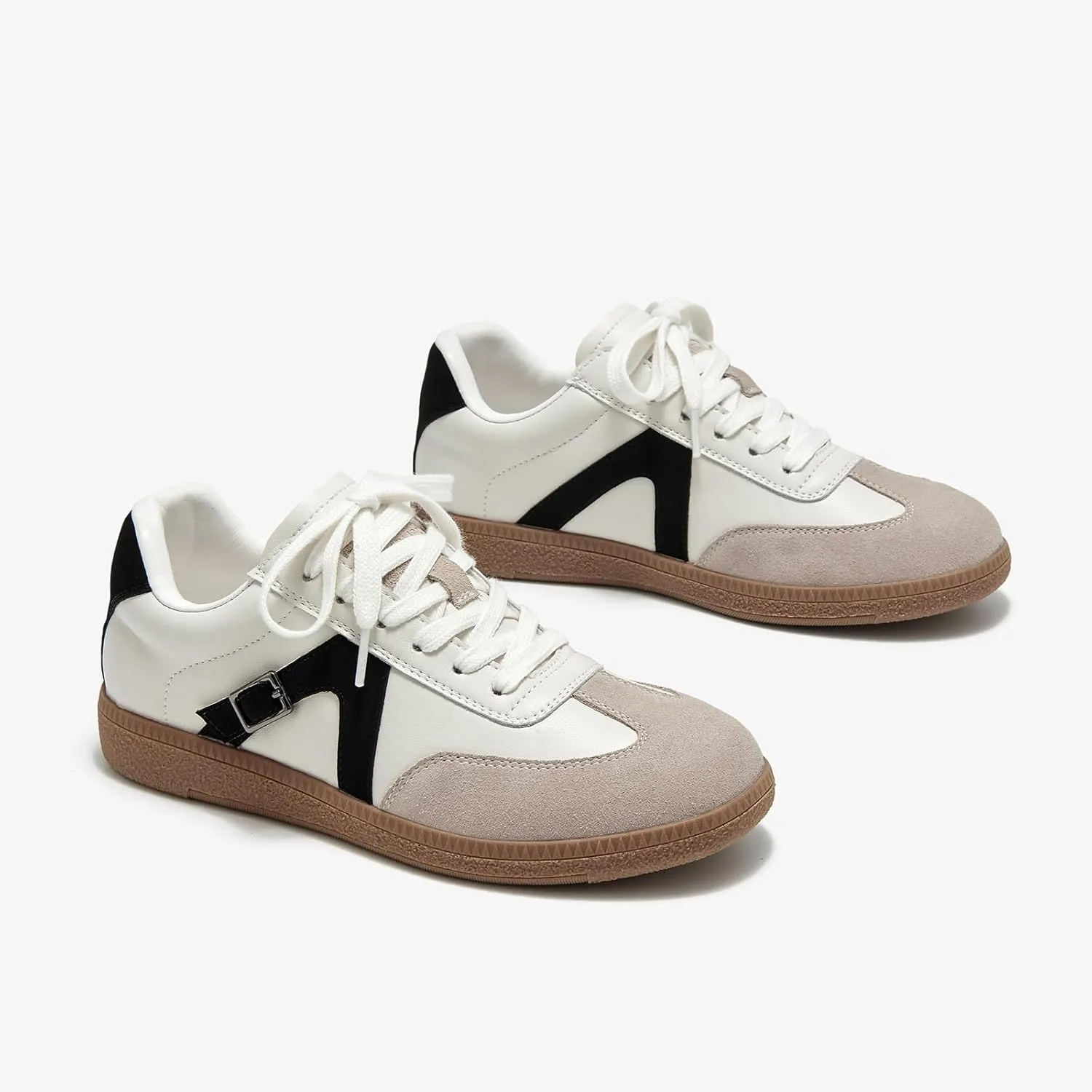 BEAU TODAY Women’s Flat Sneakers, Retro Comfortable Lace-up Fashion Sneakers for Women, Buckle Decoration Casual Leather Walking Shoes