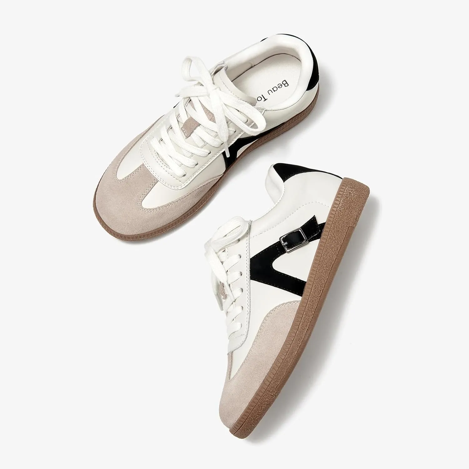 BEAU TODAY Women’s Flat Sneakers, Retro Comfortable Lace-up Fashion Sneakers for Women, Buckle Decoration Casual Leather Walking Shoes