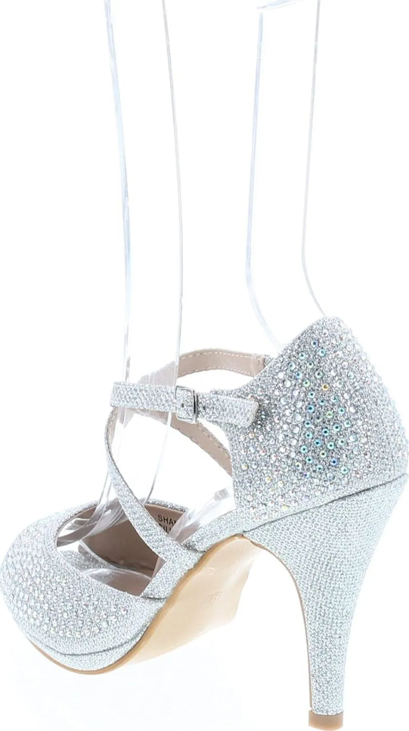 Bella Marie Shania-1 Women's Peep Toe Rhinestone Glitter Crossing Strap Dance Sandals