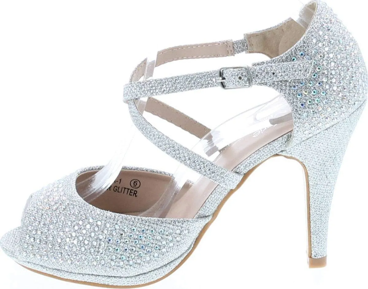 Bella Marie Shania-1 Women's Peep Toe Rhinestone Glitter Crossing Strap Dance Sandals