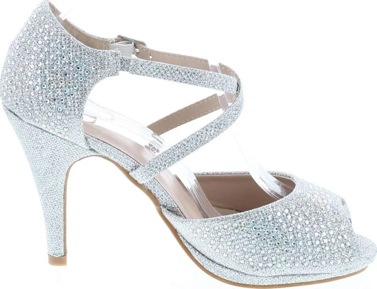 Bella Marie Shania-1 Women's Peep Toe Rhinestone Glitter Crossing Strap Dance Sandals