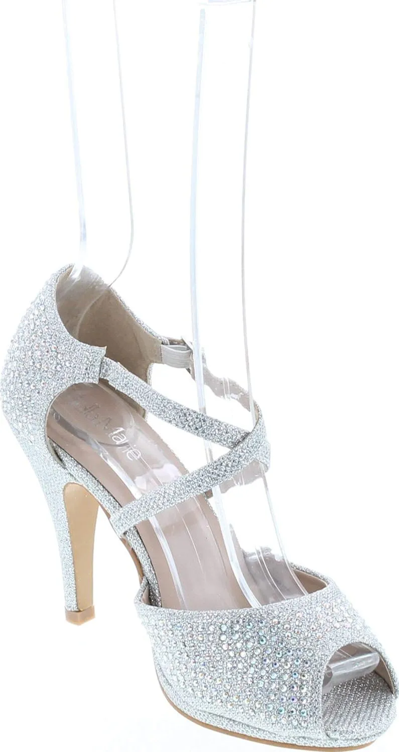 Bella Marie Shania-1 Women's Peep Toe Rhinestone Glitter Crossing Strap Dance Sandals
