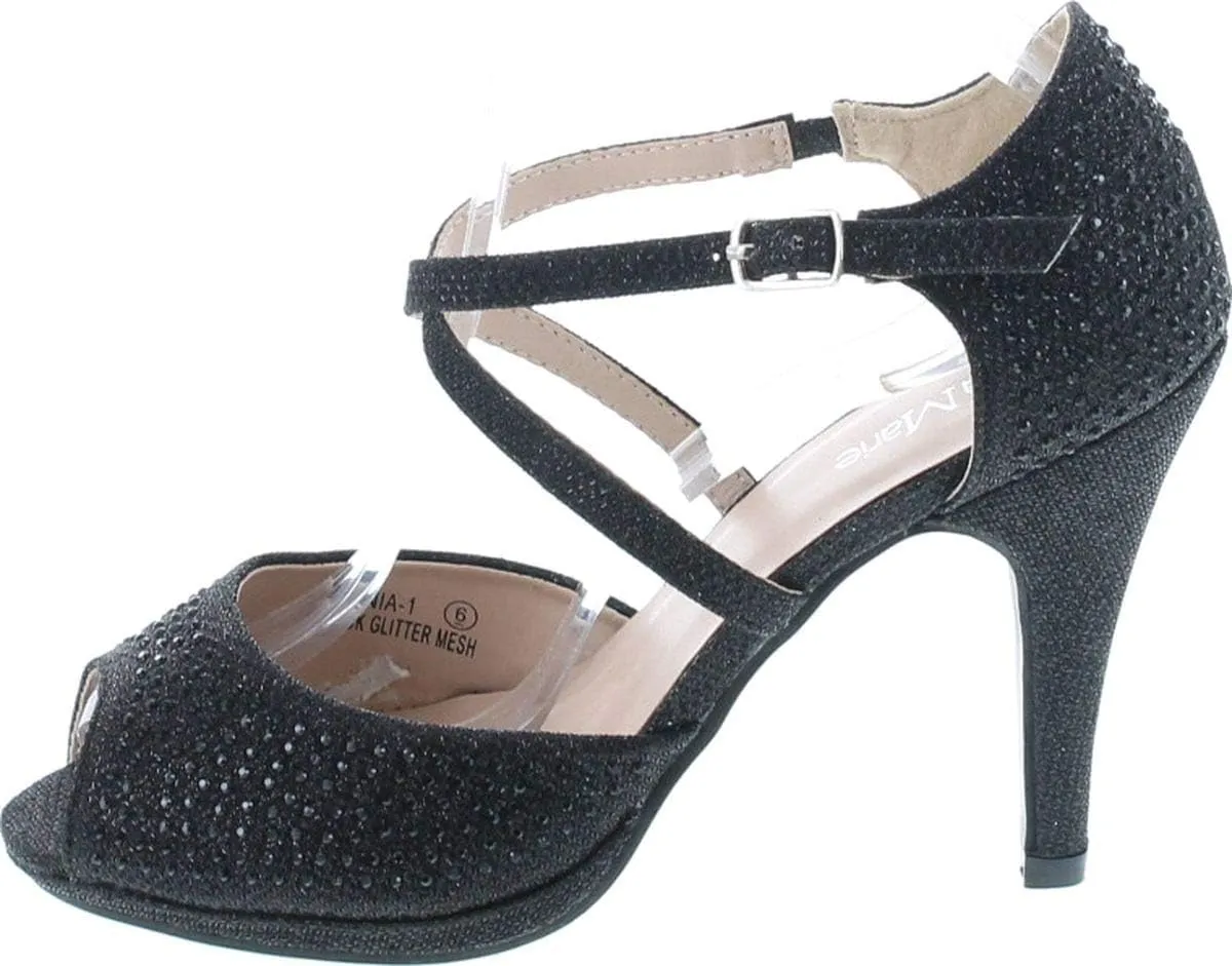 Bella Marie Shania-1 Women's Peep Toe Rhinestone Glitter Crossing Strap Dance Sandals