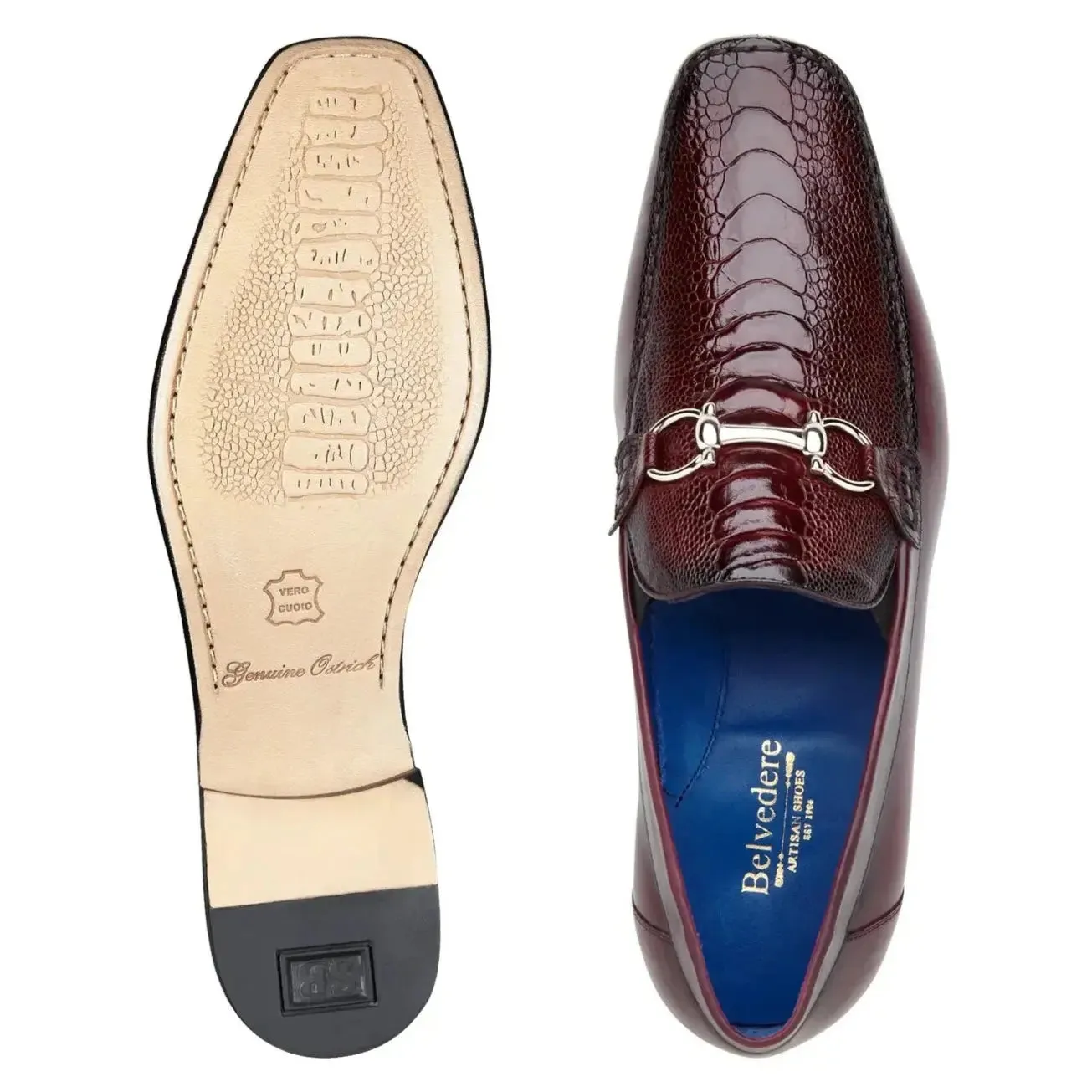Belvedere Bruno 1026 Burgundy Genuine Ostrich/Italian Calf Loafers
