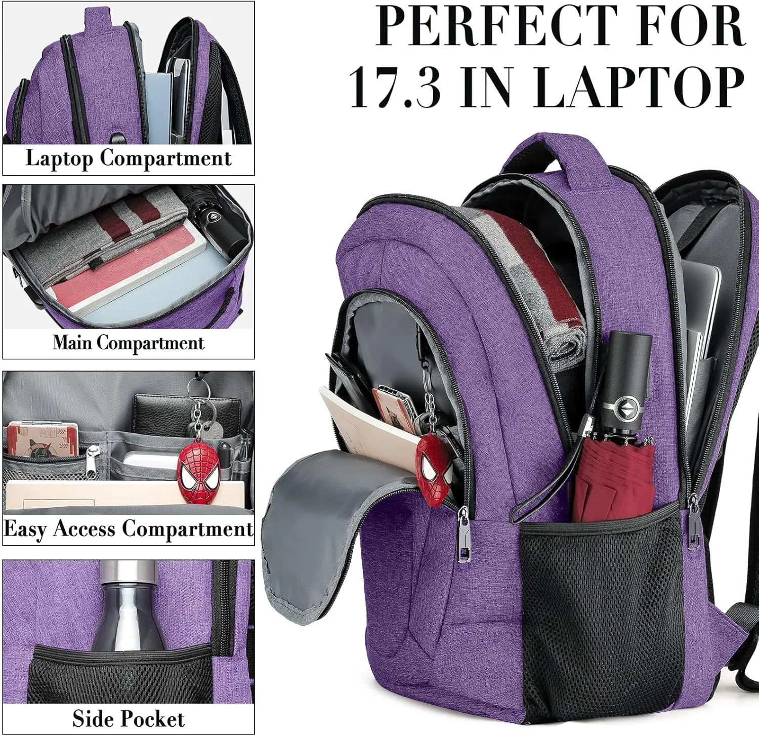 BIKROD Backpack for Women and Men, Extra Large School Backpacks for Teens, Water Resistant Back Pack with USB Charging Port Fits 17 Inch Laptop, Business Anti Theft Sturdy Computer Bag Gifts, Purple
