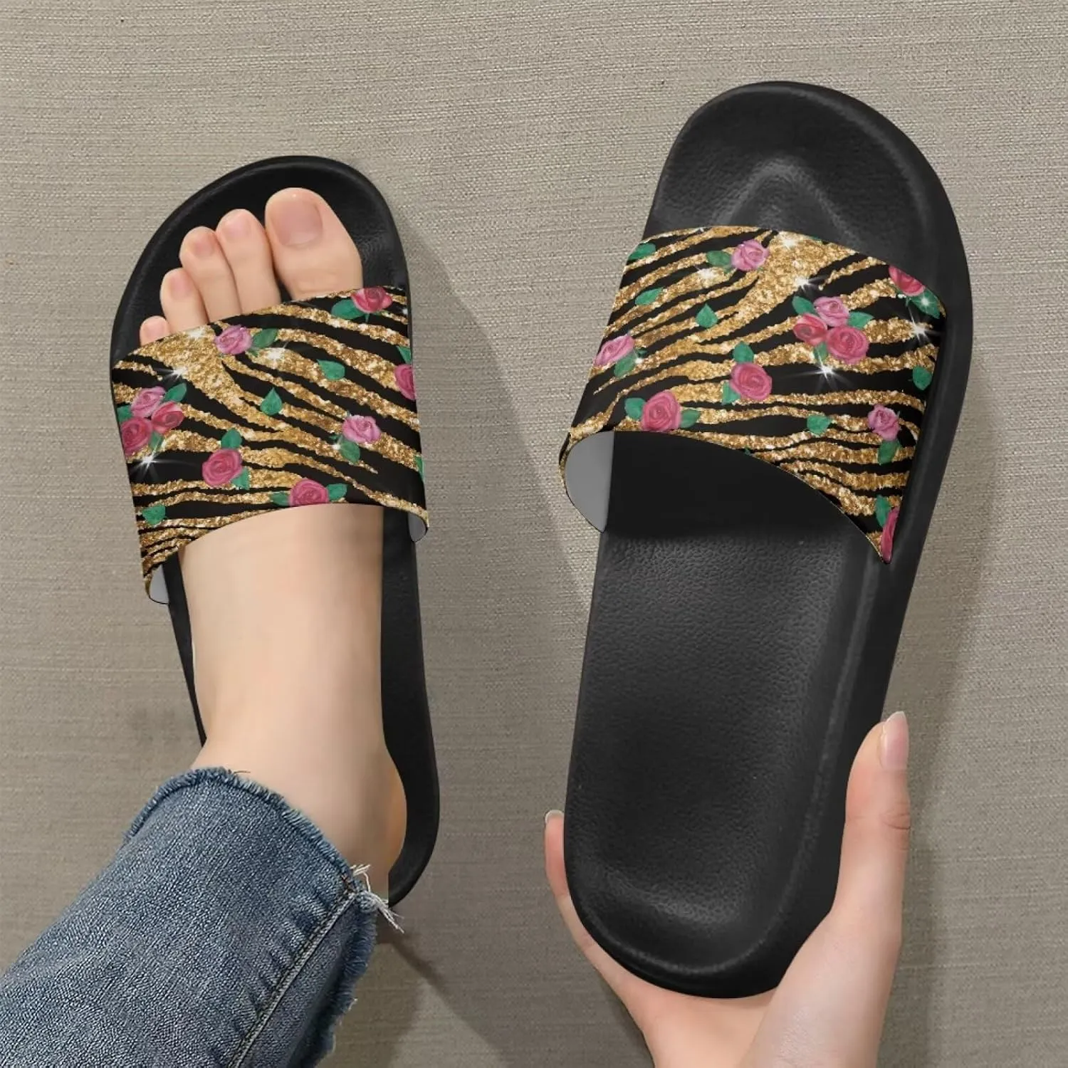 Binienty Women's Wide Slide Sandals Trendy Beach Flip Flops Lightweight Flat Slide Sandals for Daily Walks,Poolside,Water Park