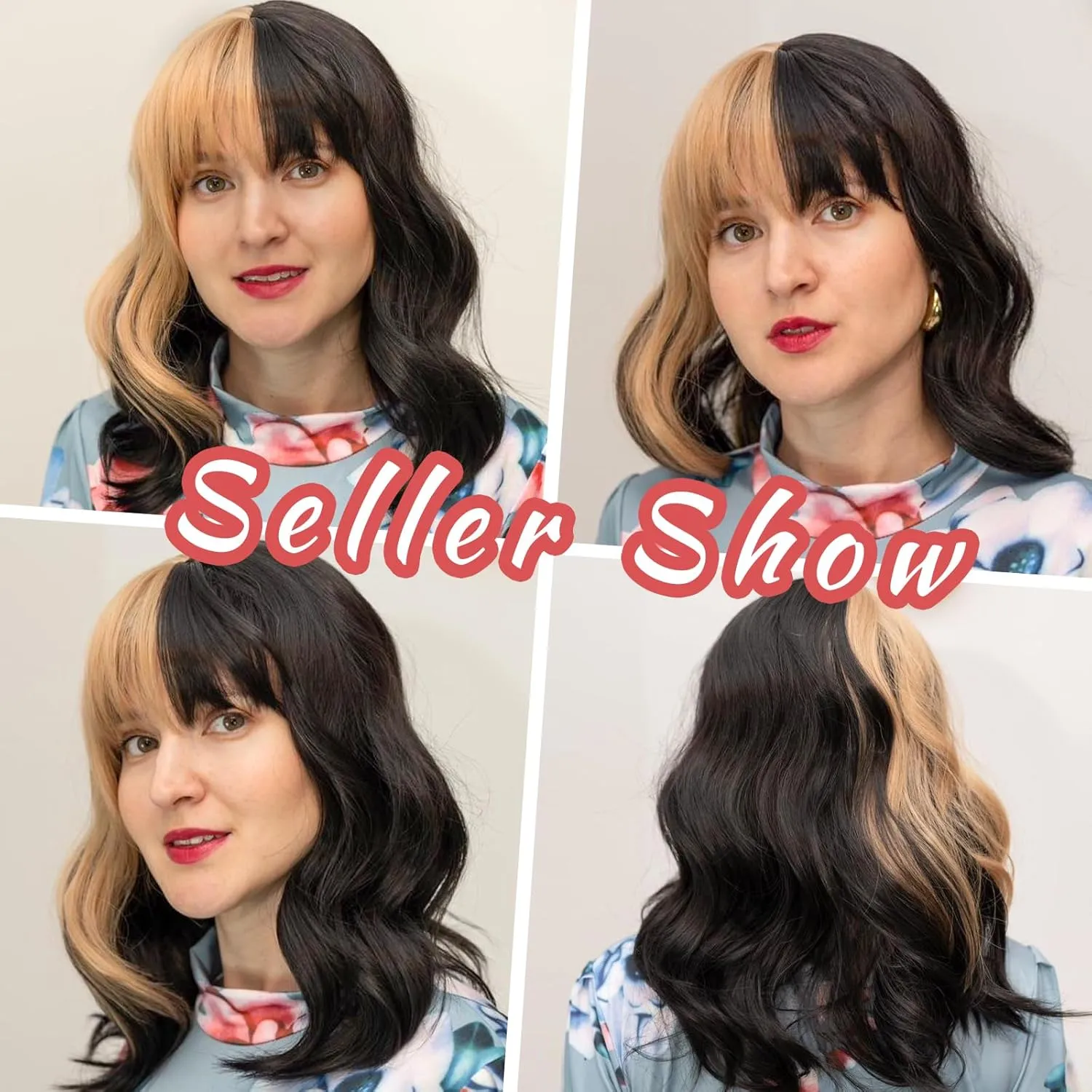Black and Blonde Wig for Women Shoulder Length Wavy Wigs with Bangs Women's Synthetic Wigs Heat Resistant Hair for Cosplay Halloween Daily Party Use
