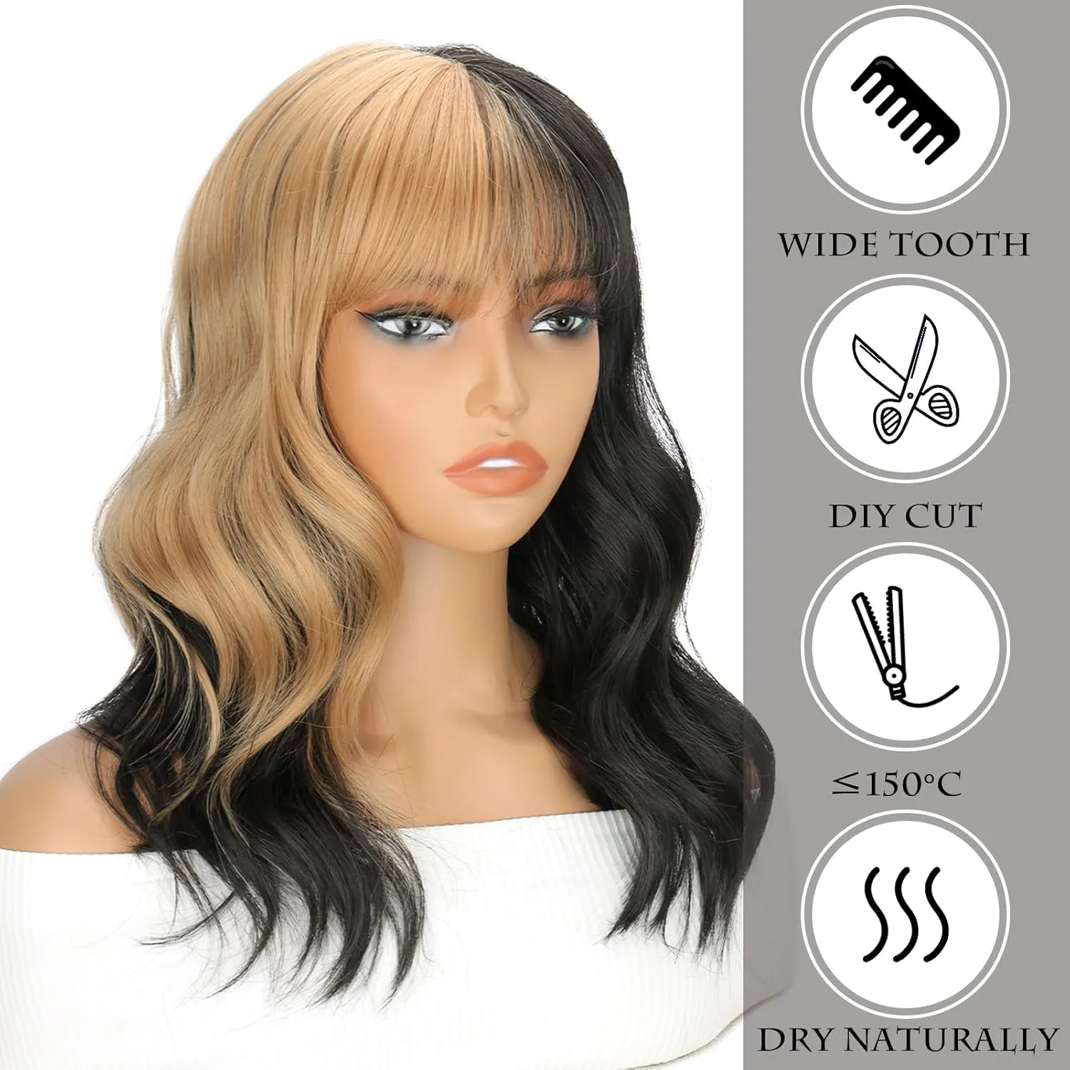 Black and Blonde Wig for Women Shoulder Length Wavy Wigs with Bangs Women's Synthetic Wigs Heat Resistant Hair for Cosplay Halloween Daily Party Use