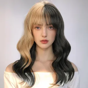 Black and Blonde Wig for Women Shoulder Length Wavy Wigs with Bangs Women's Synthetic Wigs Heat Resistant Hair for Cosplay Halloween Daily Party Use