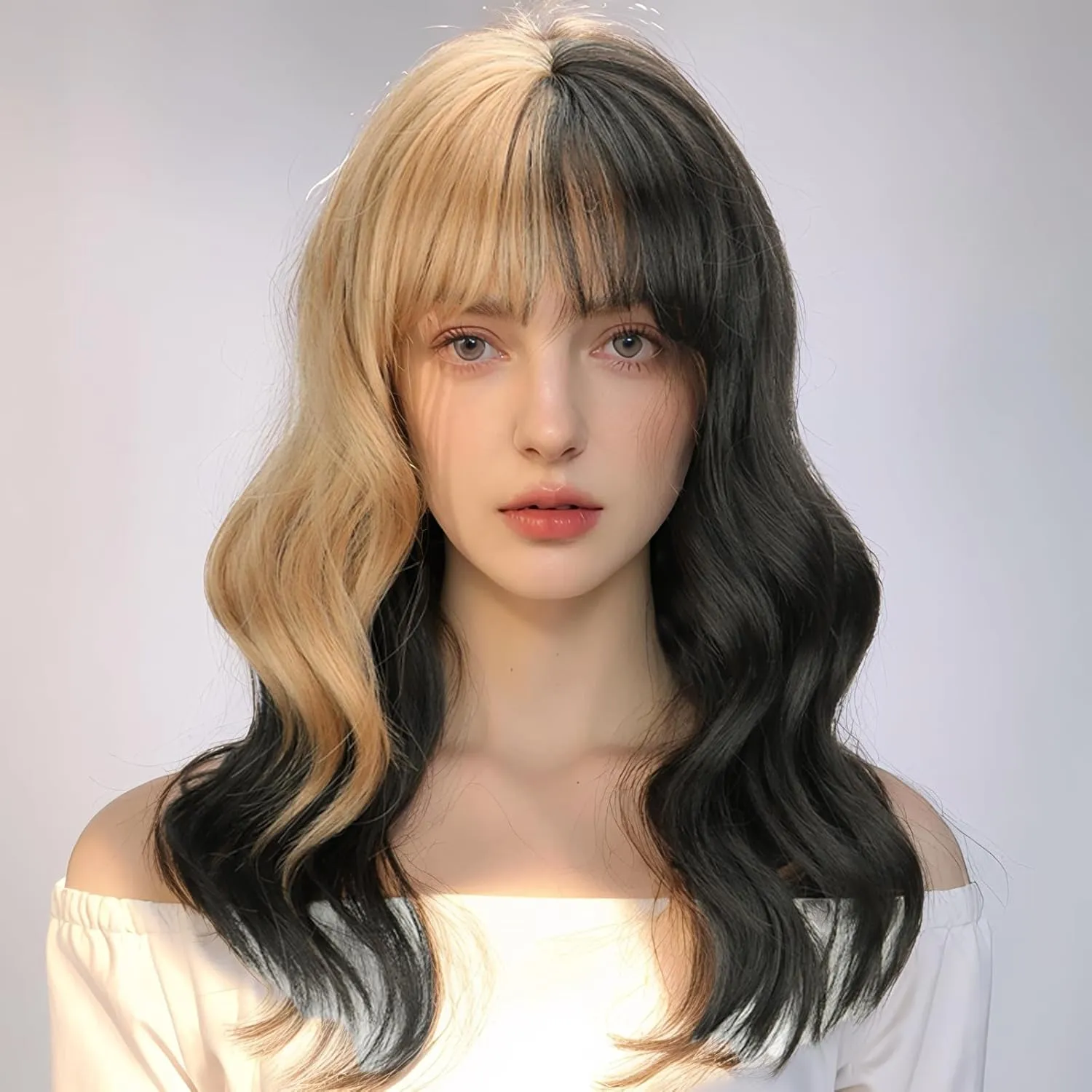 Black and Blonde Wig for Women Shoulder Length Wavy Wigs with Bangs Women's Synthetic Wigs Heat Resistant Hair for Cosplay Halloween Daily Party Use