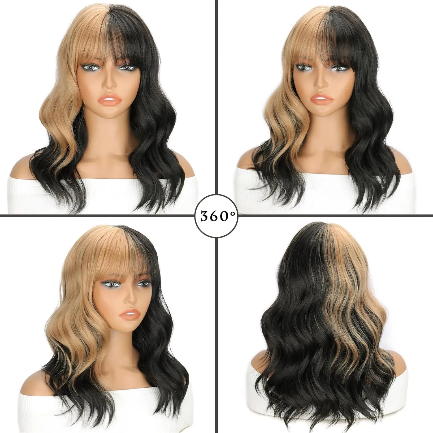 Black and Blonde Wig for Women Shoulder Length Wavy Wigs with Bangs Women's Synthetic Wigs Heat Resistant Hair for Cosplay Halloween Daily Party Use