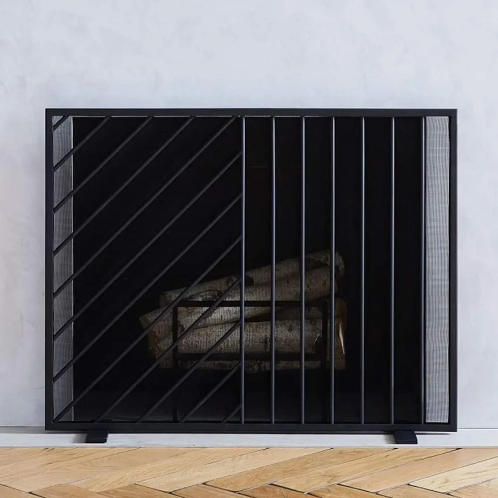 Black Flat Fireplace Screen with Spark Mesh, Baby Safe Fire Guard Screens for Open Gas Fires/Wood Burner/Stoves