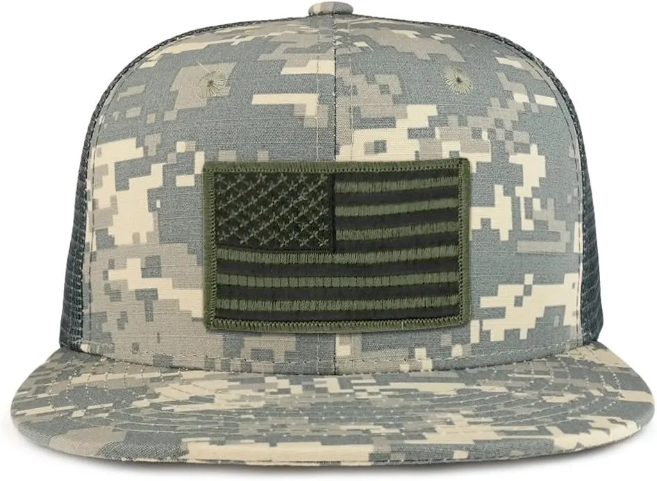 Black Olive American Flag Iron on Patch Flat Bill Ripstop Trucker Mesh Cap