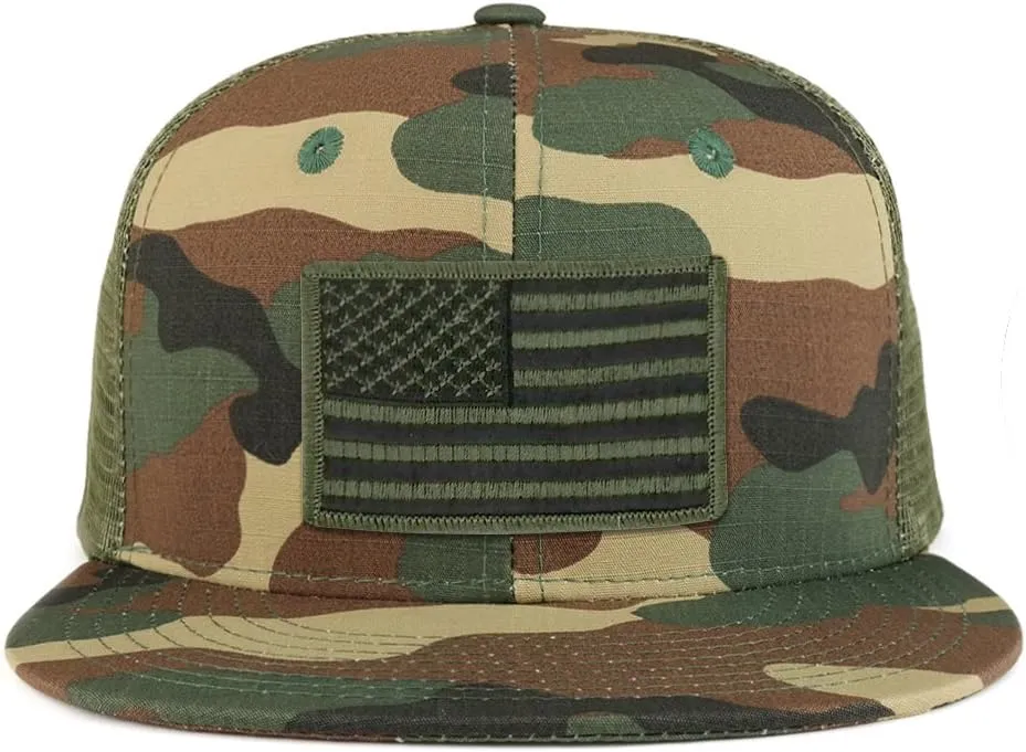 Black Olive American Flag Iron on Patch Flat Bill Ripstop Trucker Mesh Cap
