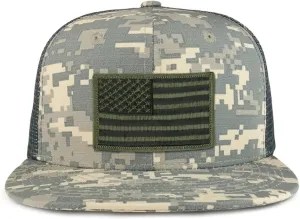 Black Olive American Flag Iron on Patch Flat Bill Ripstop Trucker Mesh Cap