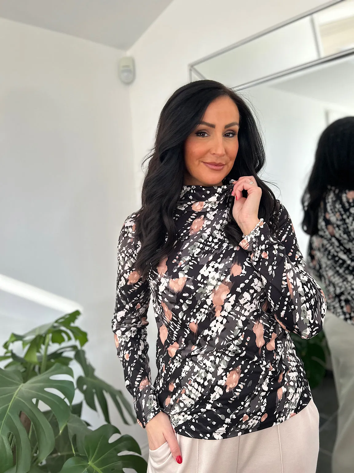 Black Printed Super Soft Roll Neck