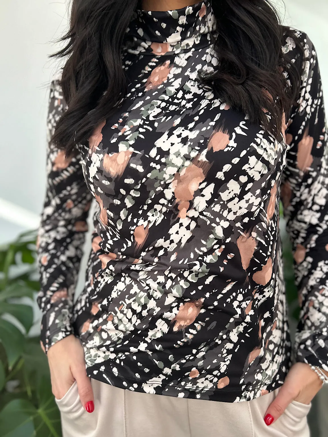 Black Printed Super Soft Roll Neck