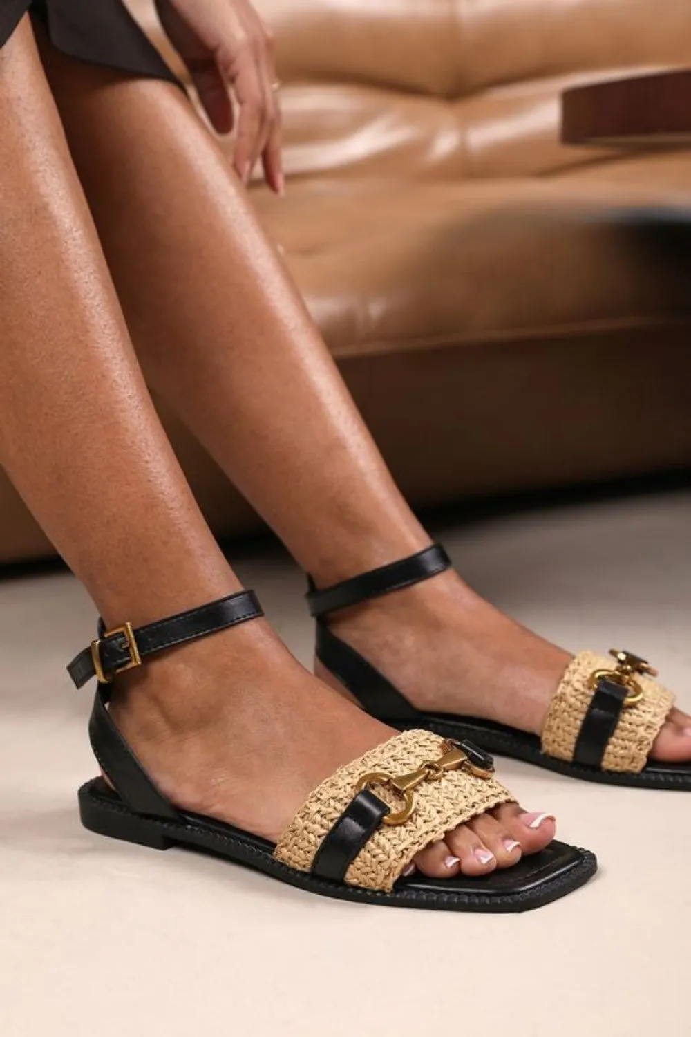 Black Pu Straw Detail Strap Sandals With Buckle Closure