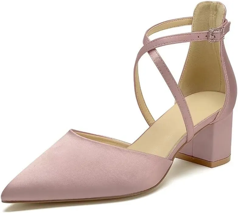 Block Heel Wedding Shoes for Bride Closed Toe Bridal Shoes Ankle Strap Wedding Chunky Heels