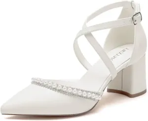 Block Heel Wedding Shoes for Bride Closed Toe Pearl Bridal Shoes Cross Strap Wedding Heels
