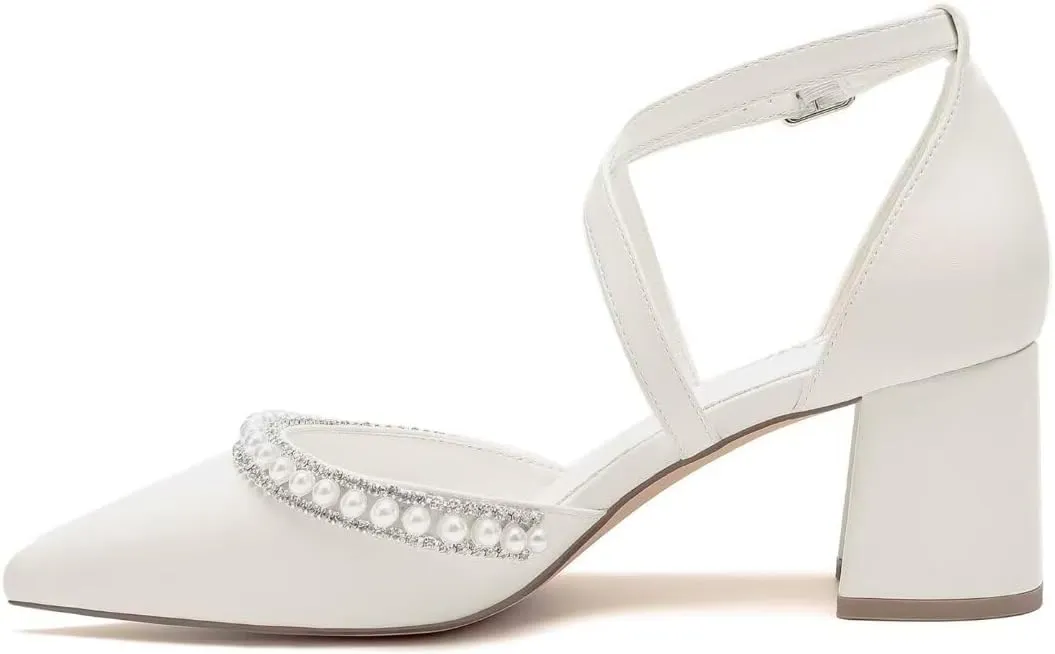 Block Heel Wedding Shoes for Bride Closed Toe Pearl Bridal Shoes Cross Strap Wedding Heels