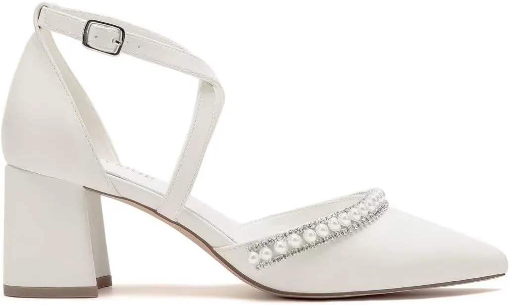 Block Heel Wedding Shoes for Bride Closed Toe Pearl Bridal Shoes Cross Strap Wedding Heels
