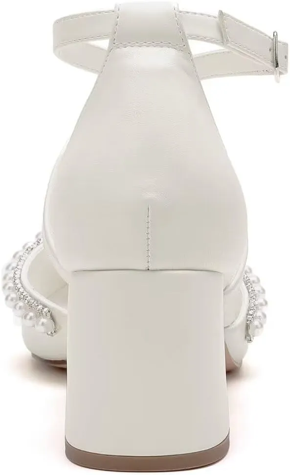 Block Heel Wedding Shoes for Bride Closed Toe Pearl Bridal Shoes Cross Strap Wedding Heels