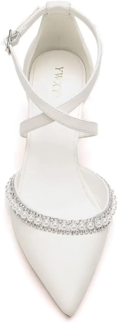 Block Heel Wedding Shoes for Bride Closed Toe Pearl Bridal Shoes Cross Strap Wedding Heels