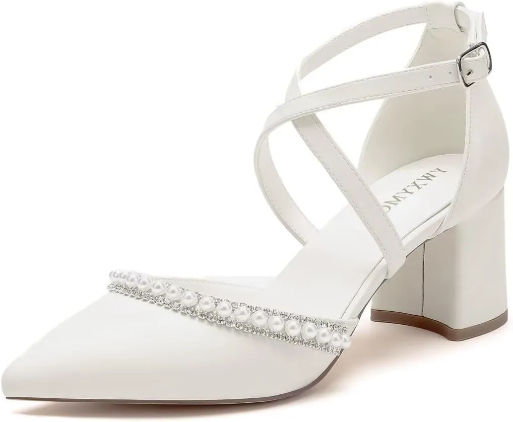 Block Heel Wedding Shoes for Bride Closed Toe Pearl Bridal Shoes Cross Strap Wedding Heels