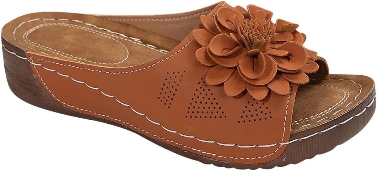 Boho Flower Decor Slide Sandals for Women Summer Outdoor Arch Support Slides Comfort Low Wedge Slippers Beach Sandal
