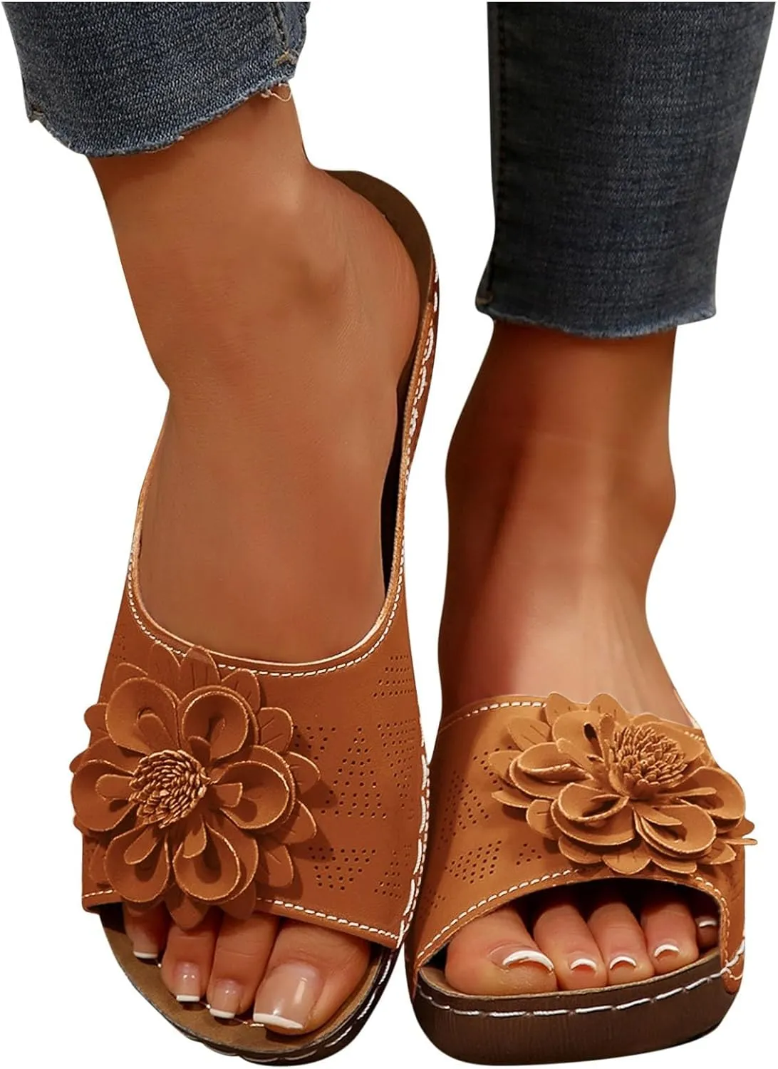 Boho Flower Decor Slide Sandals for Women Summer Outdoor Arch Support Slides Comfort Low Wedge Slippers Beach Sandal