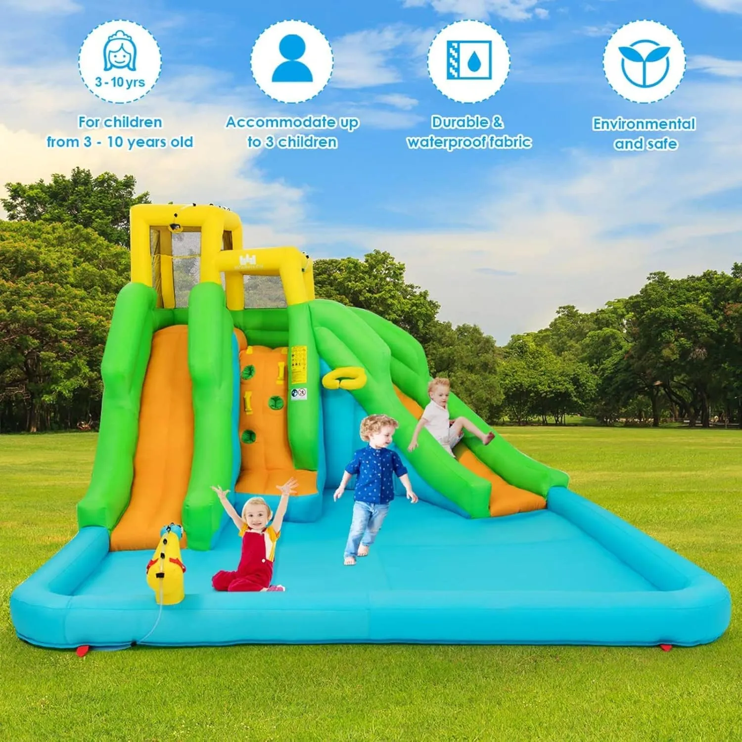 BOUNTECH Inflatable Water Slide, 6 in 1 Giant Waterslide Park for Kids Outdoor Fun with GFCI 550W Blower, 2 Slides, Splash Pool, Blow up Water Slides Inflatables for Kids and Adults Backyard Gifts