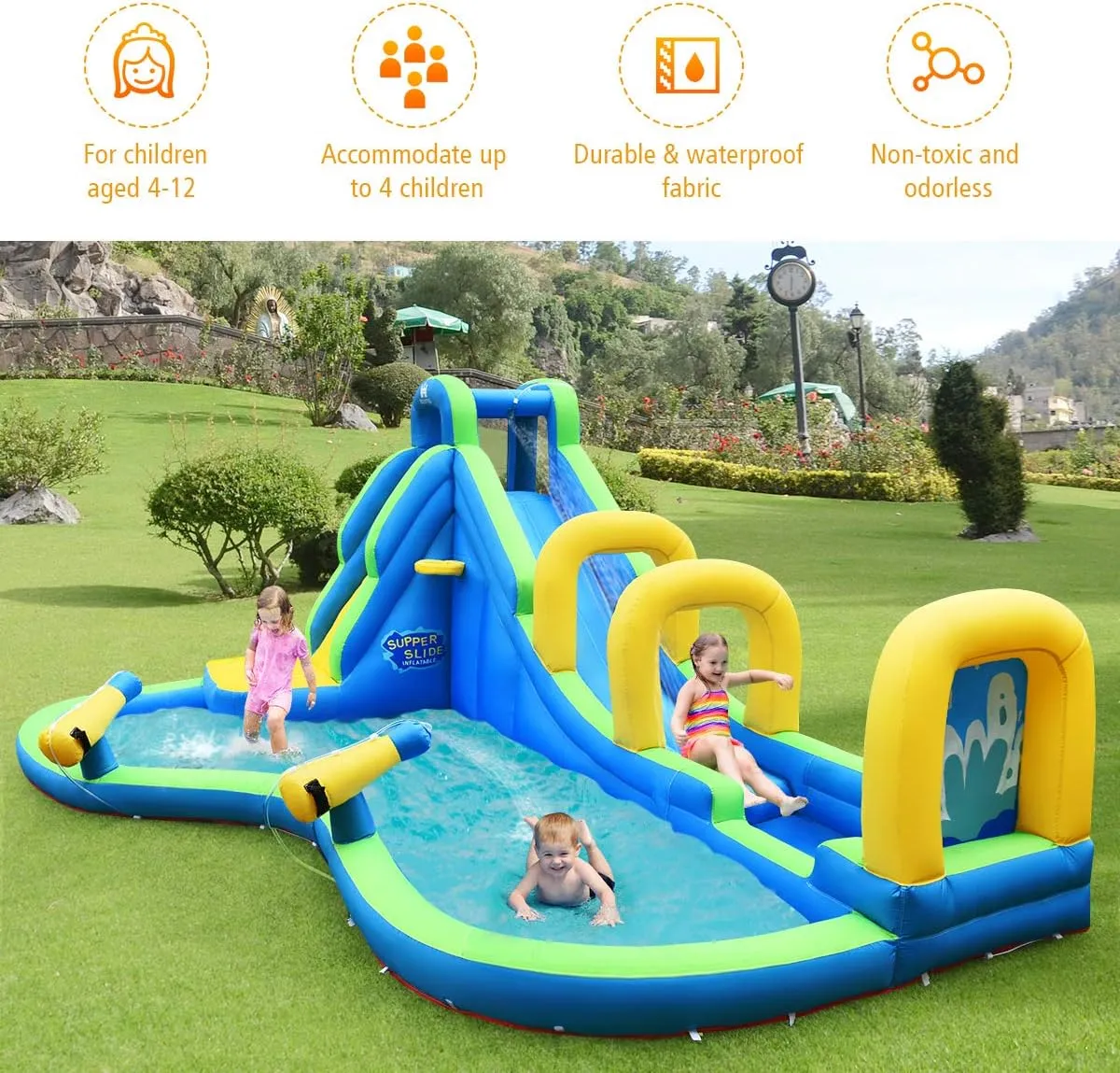 BOUNTECH Inflatable Water Slide, Adventure Surfing Slide Kids Water Park Jump Castle with Climbing Wall, Dual Cannons, Backyard Party Outdoor Blow Up Water Slides Inflatables with Blower for Big Kids
