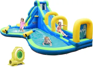 BOUNTECH Inflatable Water Slide, Adventure Surfing Slide Kids Water Park Jump Castle with Climbing Wall, Dual Cannons, Backyard Party Outdoor Blow Up Water Slides Inflatables with Blower for Big Kids