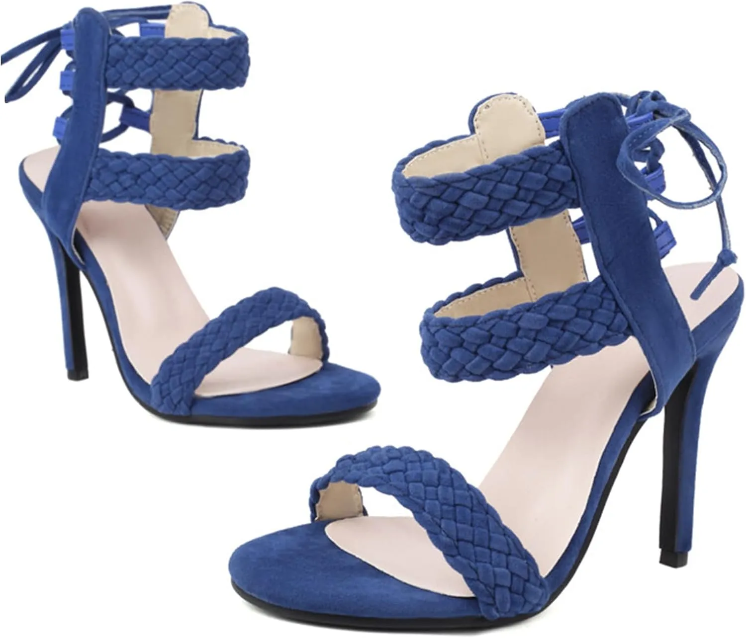 Braided High Heel Stilettos Strappy Sandals for Women Open Toe Suede Dressy Summer Shoes Sexy Elegant Party Event Wedding Prom Ballroom Night Out