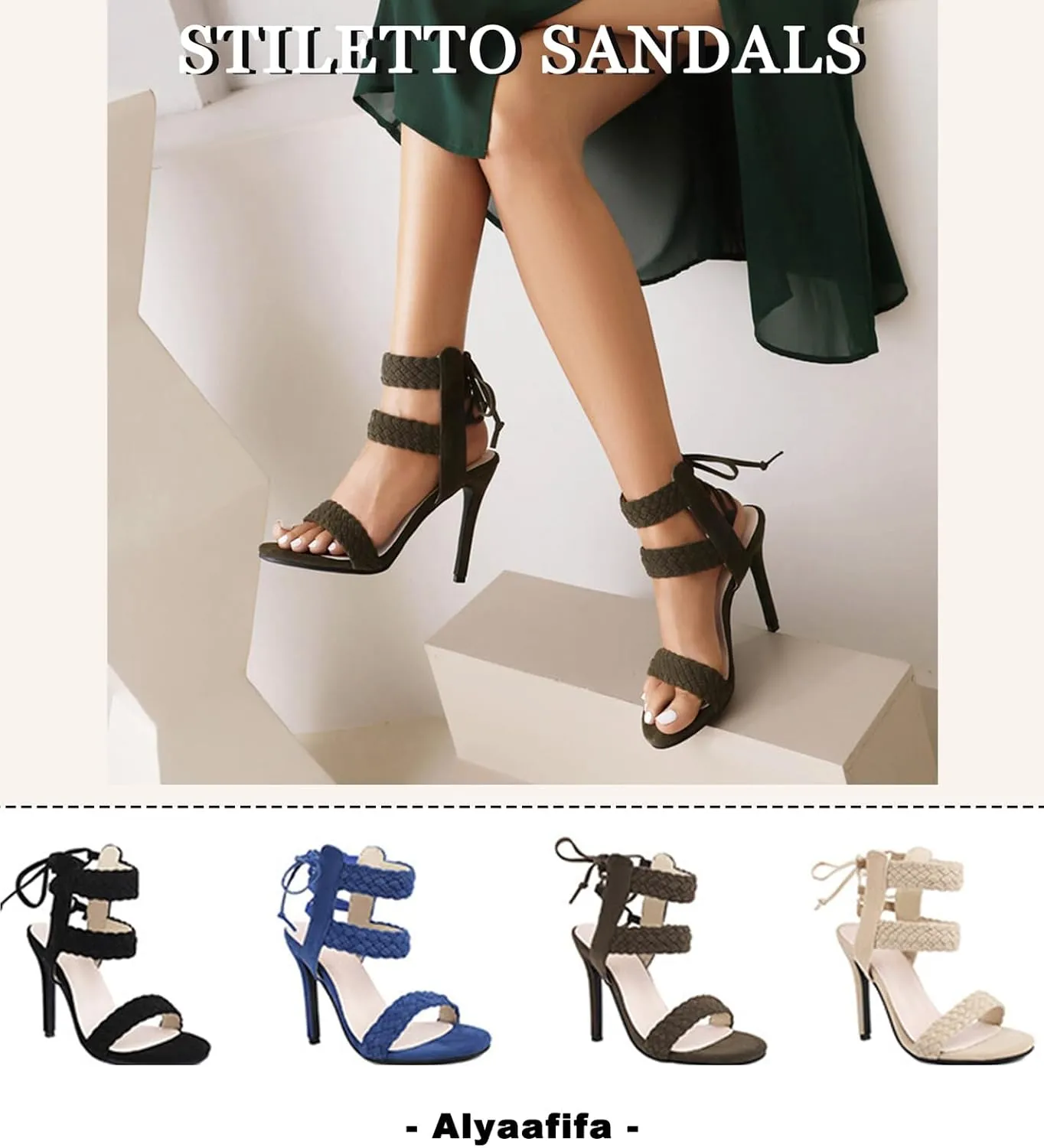 Braided High Heel Stilettos Strappy Sandals for Women Open Toe Suede Dressy Summer Shoes Sexy Elegant Party Event Wedding Prom Ballroom Night Out