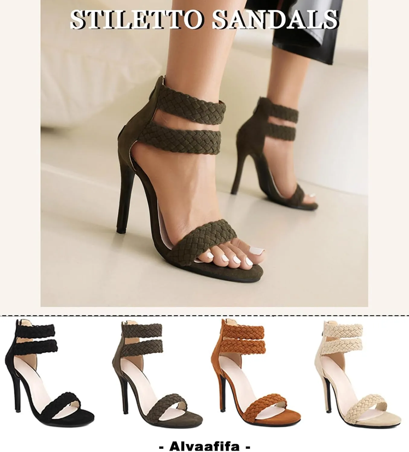 Braided High Heel Stilettos Strappy Sandals for Women Open Toe Suede Dressy Summer Shoes Sexy Elegant Party Event Wedding Prom Ballroom Night Out