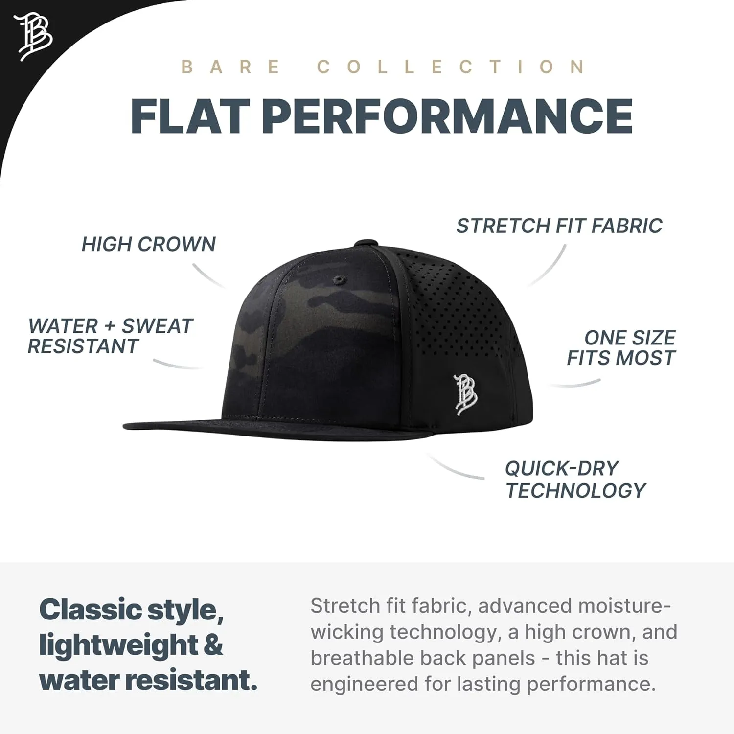Branded Bills Utah Stealth Flat Performance, Lightweight, Comfortable Baseball Cap