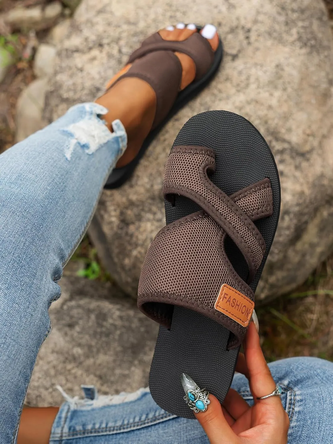 Breathable Mesh Slide Sandals For Women,Hollow Mesh Slide Sandals With Toe Loop, Summer Casual Mesh Flats Slippers