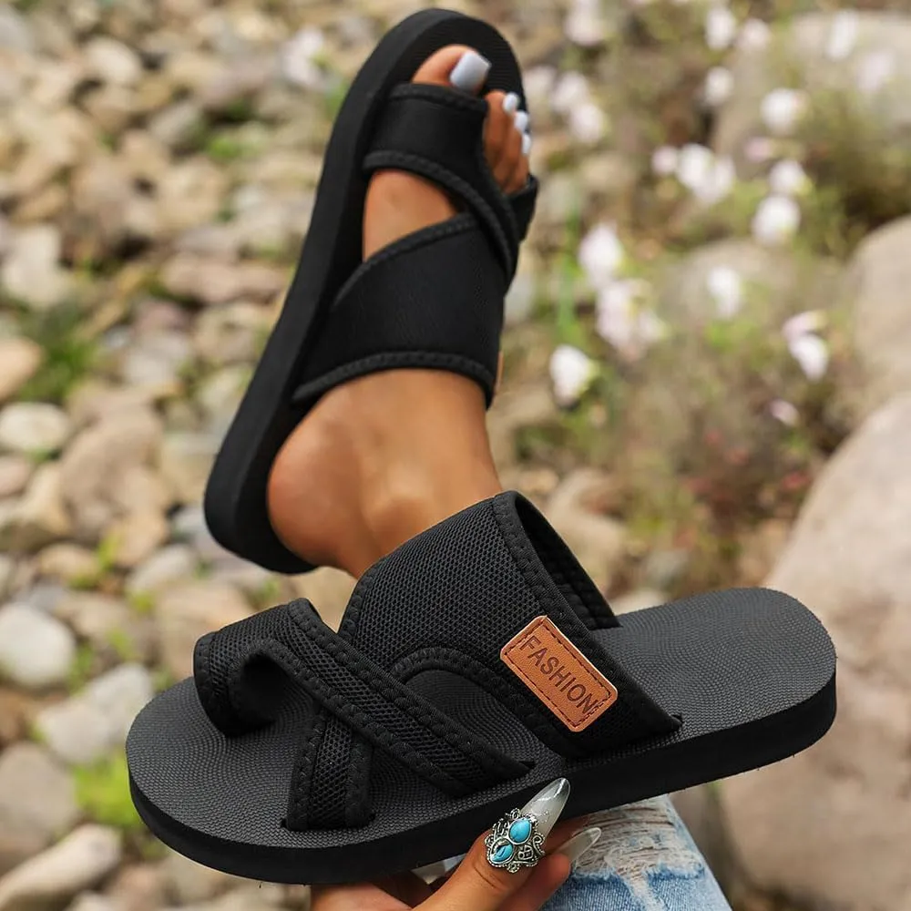Breathable Mesh Slide Sandals, Hollow Mesh Slide Sandals, Hollow Mesh Slide Sandals With Toe Loop, Black
