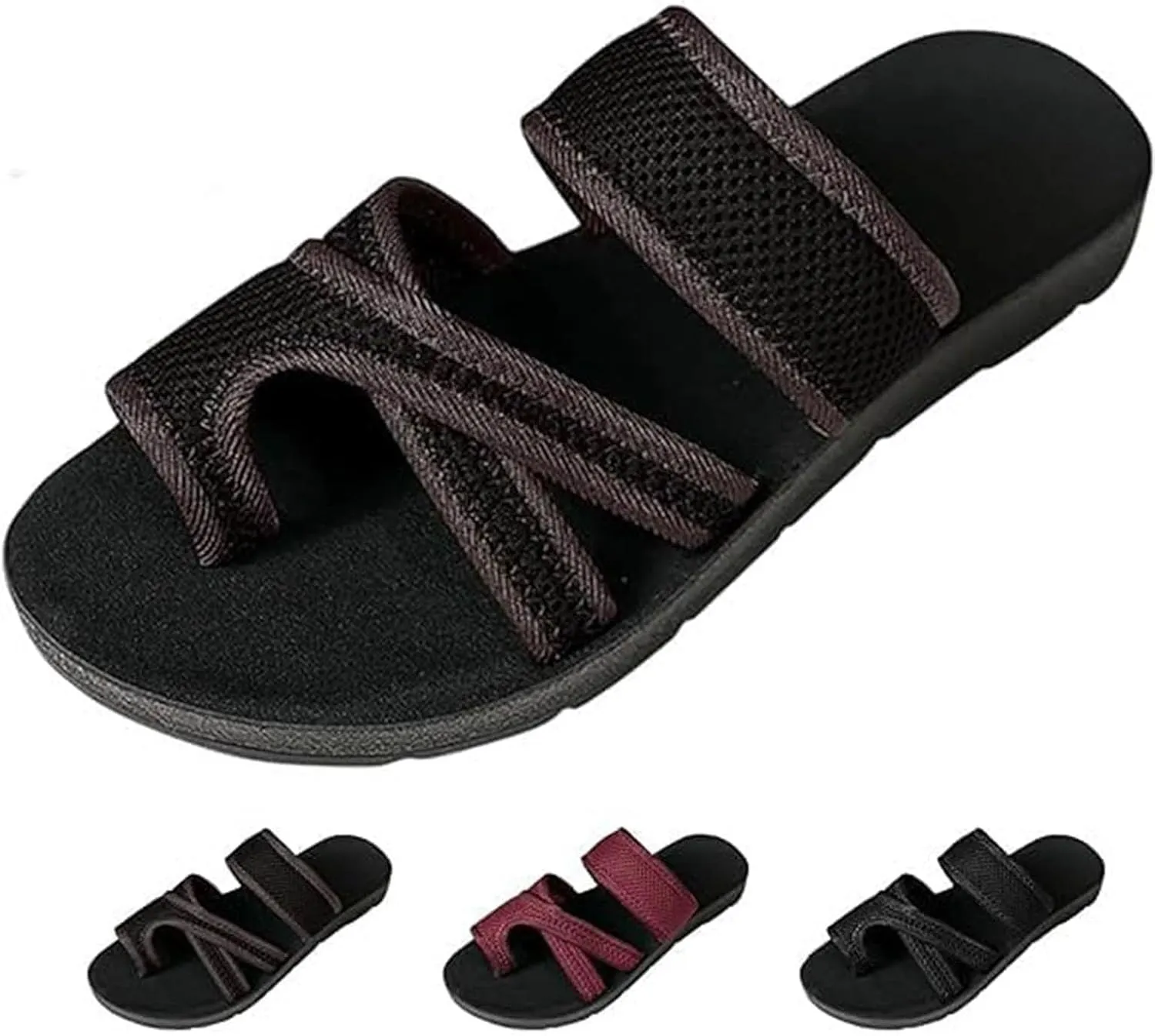 Breathable Mesh Slide Sandals, Hollow Mesh Slide Sandals, Hollow Mesh Slide Sandals With Toe Loop, Black