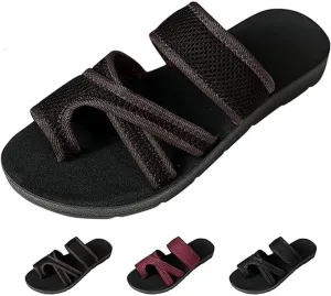 Breathable Mesh Slide Sandals, Hollow Mesh Slide Sandals, Hollow Mesh Slide Sandals With Toe Loop, Black