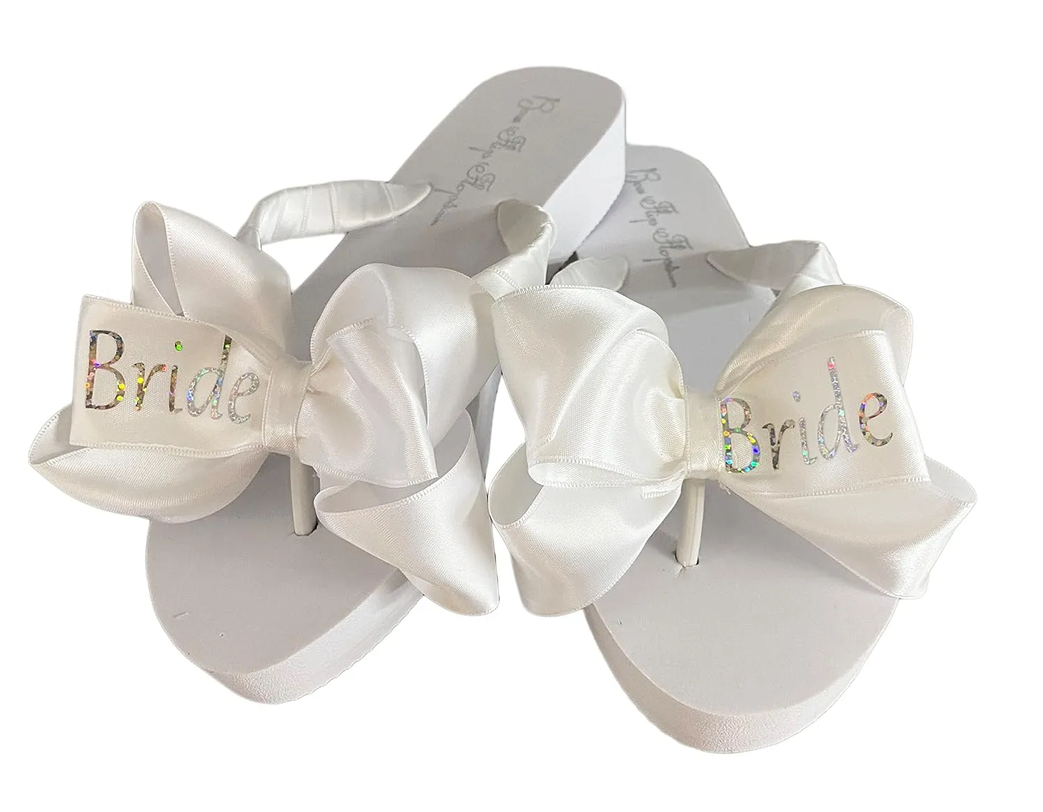 Bride Bow Flip Flops, White Low Wedge with Silver Glitter, Customize Ribbon and Sparkle for Wedding Shoes