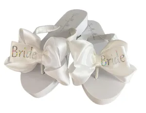 Bride Bow Flip Flops, White Low Wedge with Silver Glitter, Customize Ribbon and Sparkle for Wedding Shoes