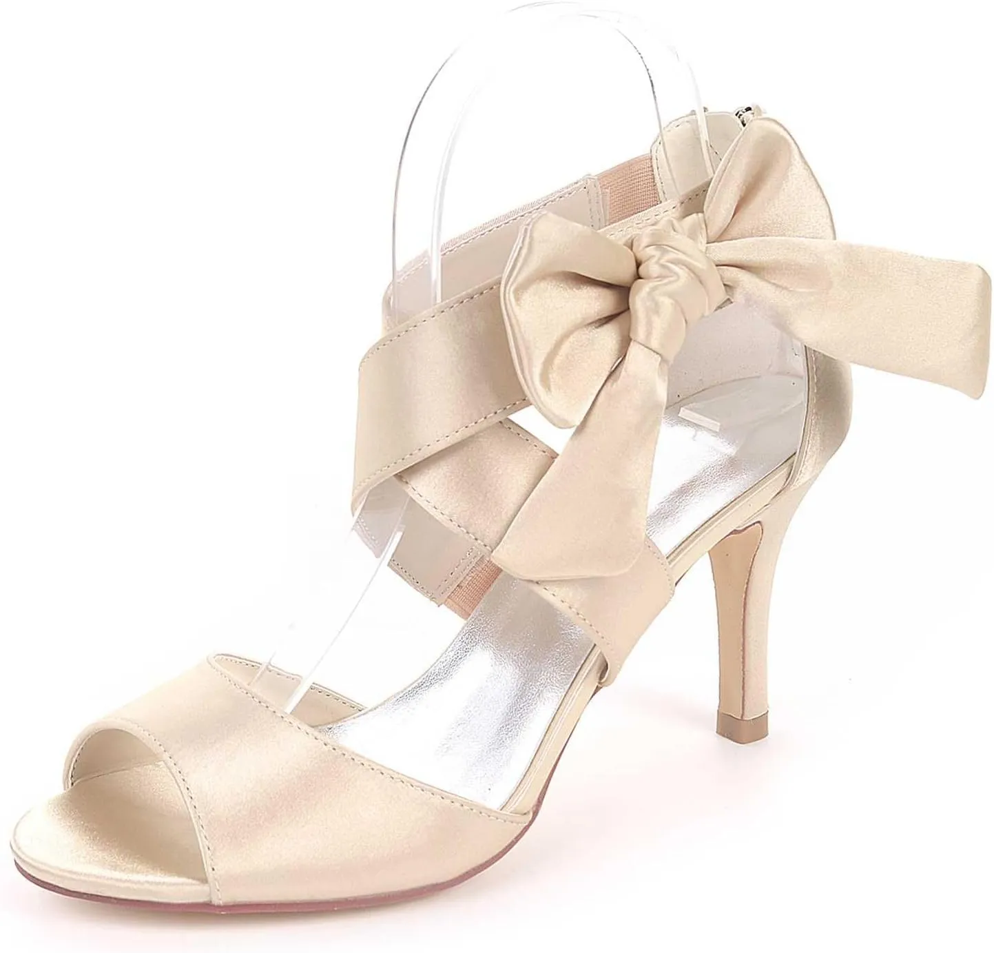 Bride's Elegant Wedding Heels - Peep Toe Mary Jane Satin Low Kitten Heel Pumps with Rhinestones & Zipper for Evening, Party, & Prom