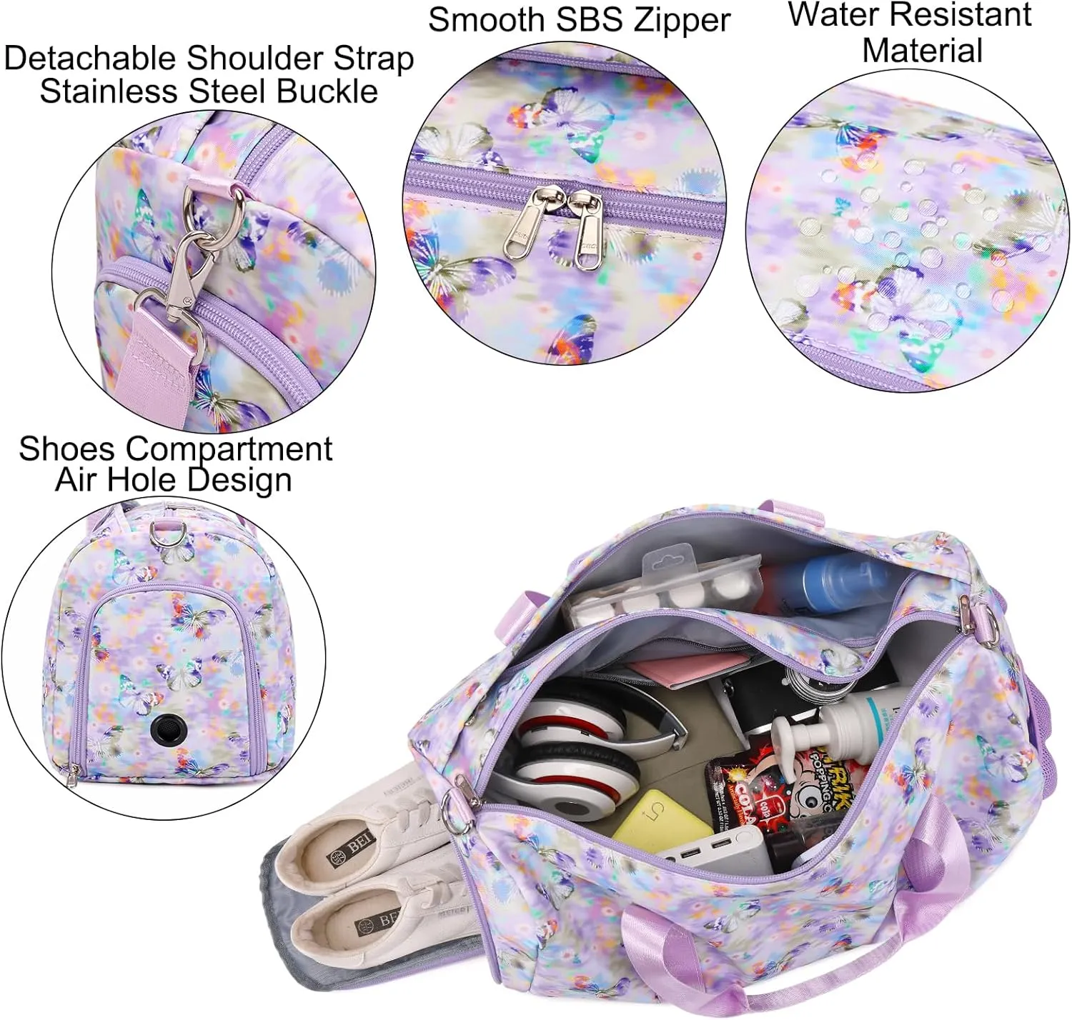 Butterfly Dance Duffel for Girls - Gymnastics, Overnight, Travel & Sleepover Bag with Shoe Compartments